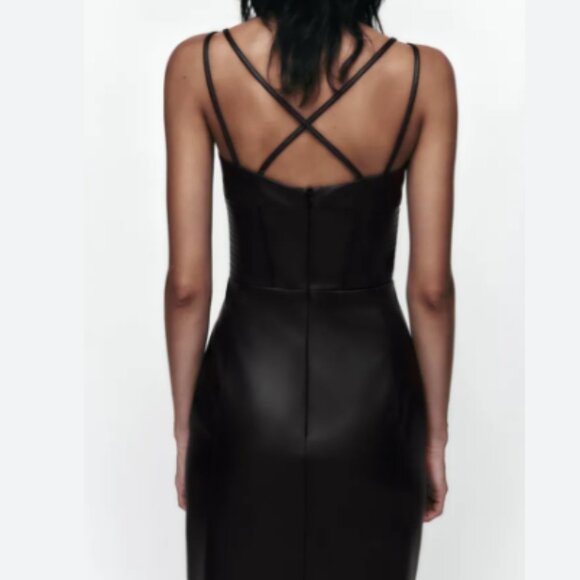 ZARA WOMEN BLACK TOPSTITCHED FAUX LEATHER MIDI DRESS SIZE S NWT - Picture 6 of 8